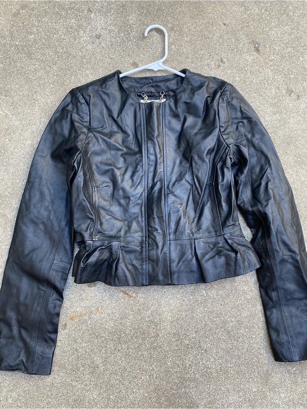 Vintage BB Dakota Lined Black Leather Collarless Short Peplum Jacket Sz Small